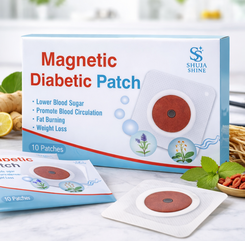 Magnetic Diabetic Patch packaging with patches and ingredients on a white surface