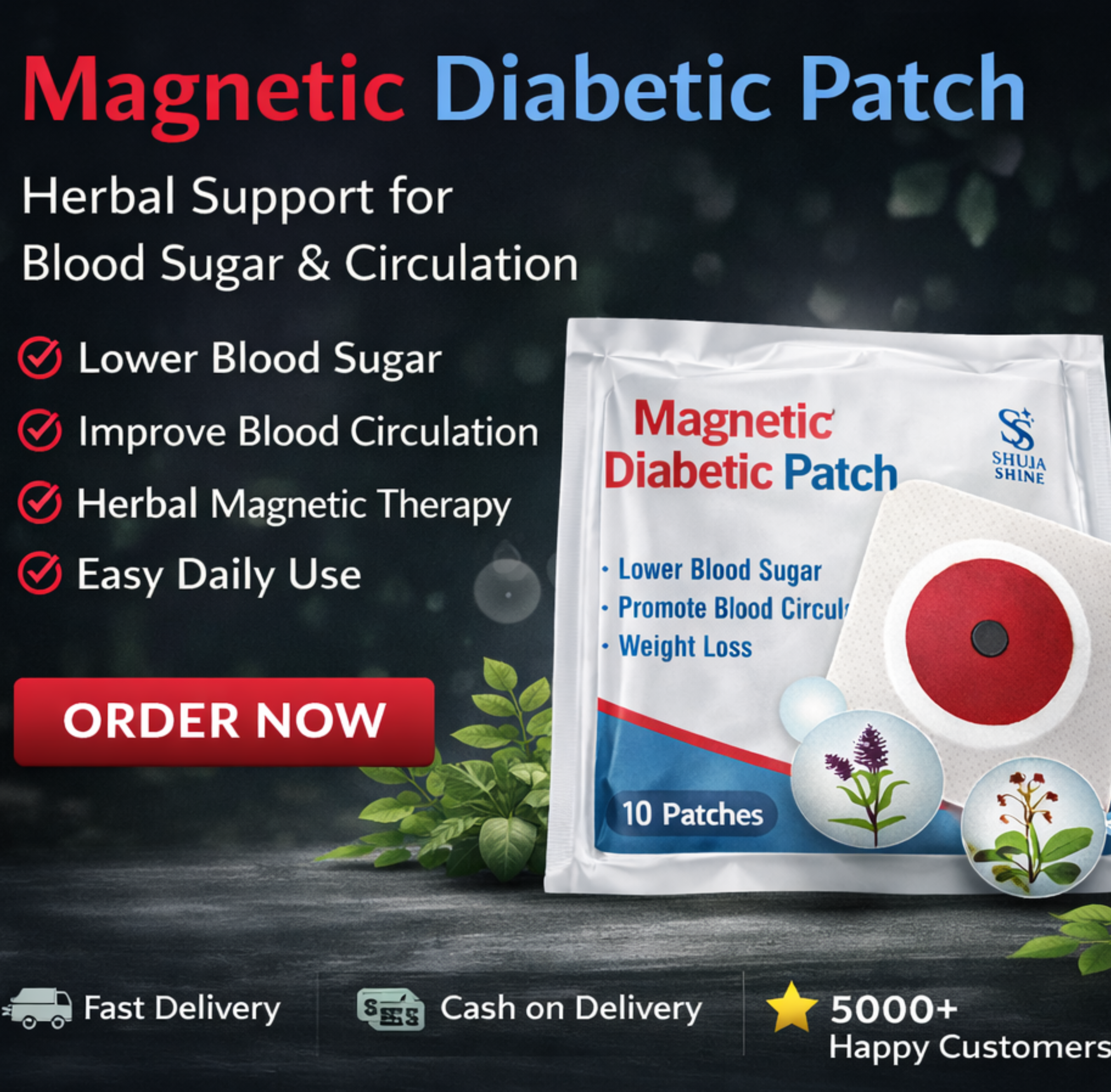 Magnetic Diabetic Patch packaging with promotional text on a dark background
