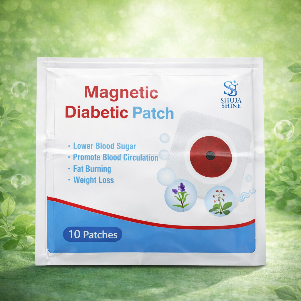 Packaging of Magnetic Diabetic Patch with Shuha Shine logo on a green leafy background