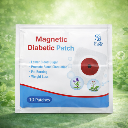 Packaging of Magnetic Diabetic Patch with Shuha Shine logo on a green leafy background